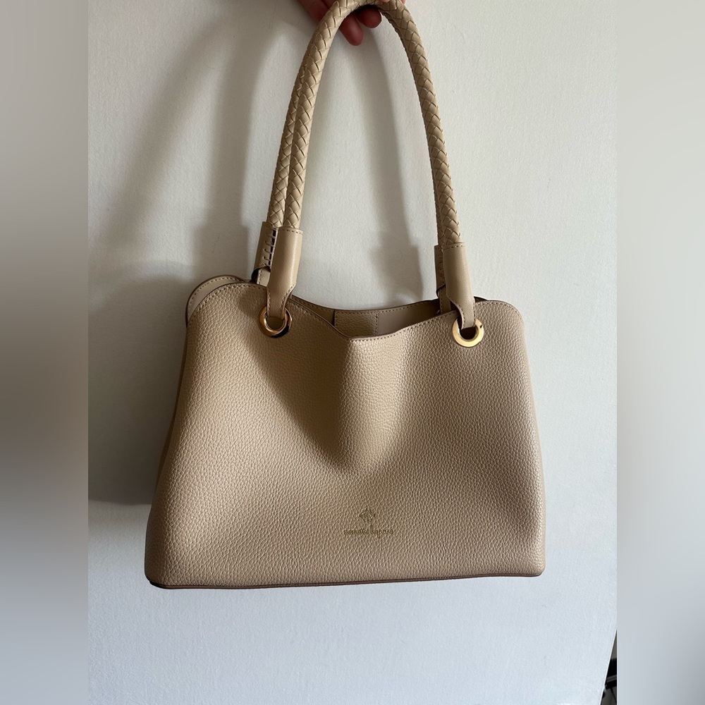 Nanette Lepore Tan Sybil Braided Handle Shoulder Bag Multiple Pockets EUC - Picture 2 of 12